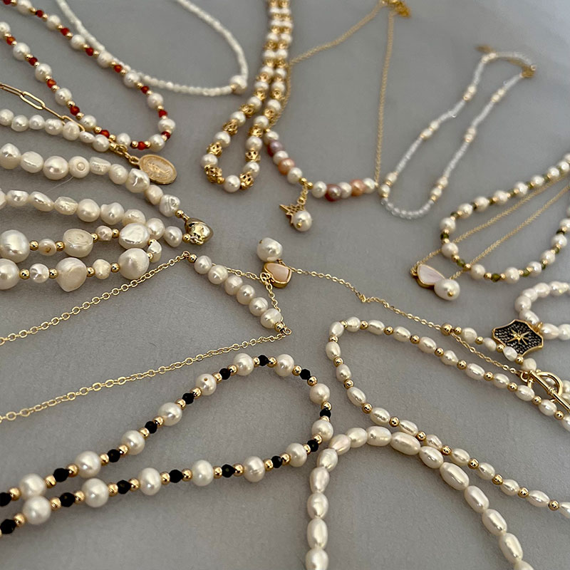 Pearl Trim Chain - Natural água doce pérola colar barroco,